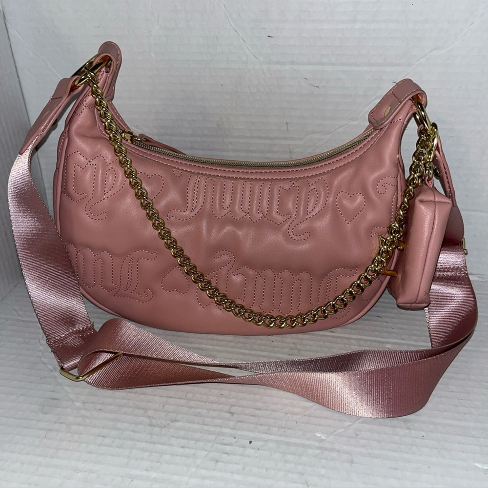 Juicy Couture Crossbody Purse Pink Embroidered Logo Coin Purse Gold Hardware